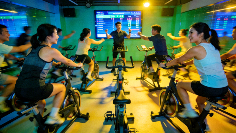 动感单车课程中充满活力的团体骑行训练画面