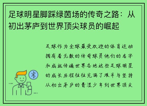 足球明星脚踩绿茵场的传奇之路：从初出茅庐到世界顶尖球员的崛起