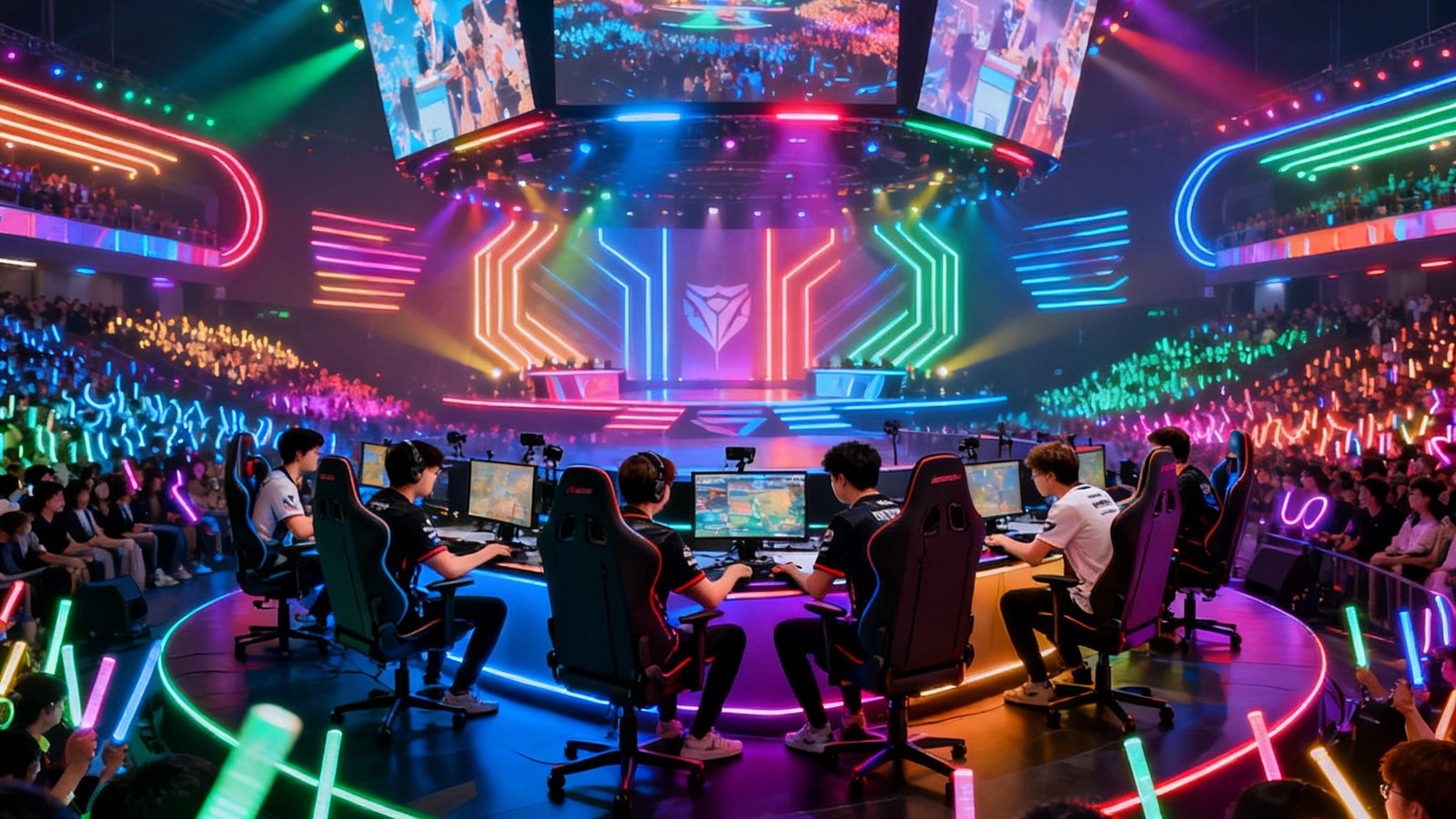 大型电竞总决赛舞台，炫目的灯光和巨型LED屏幕环绕竞技区，选手坐在专业电竞椅上全神贯注，现场数千观众挥舞荧光棒