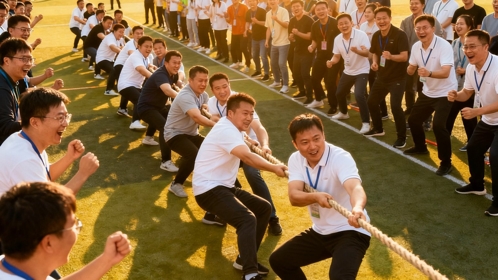 大型企业运动会趣味项目比赛现场，员工们分组进行拔河比赛，周围同事呐喊助威，阳光明媚的户外体育场