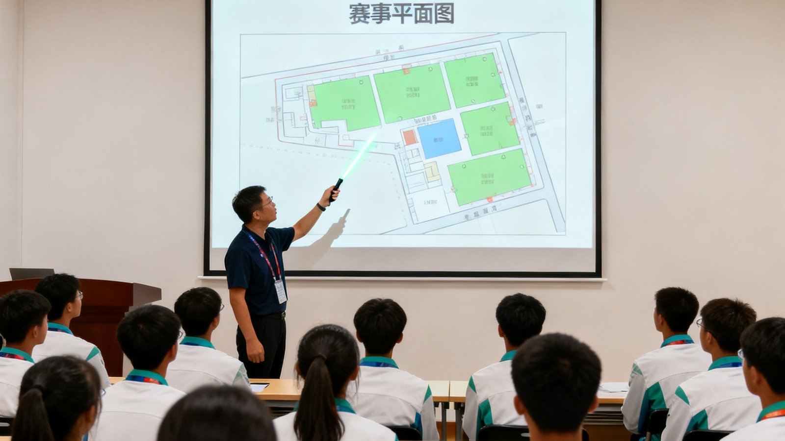 赛事志愿者集体培训现场，数十名身穿统一服装的志愿者认真听讲师讲解赛事流程，教室内投影显示赛事平面图