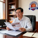 省级篮球协会秘书长王建国近照，戴着眼镜在办公室翻阅赛事资料